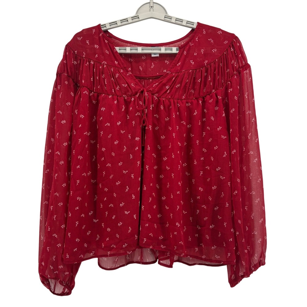 Old Navy Blouse Womens XL Red Floral Tie Neck Sheer Long Sleeve Peasant‎ Top